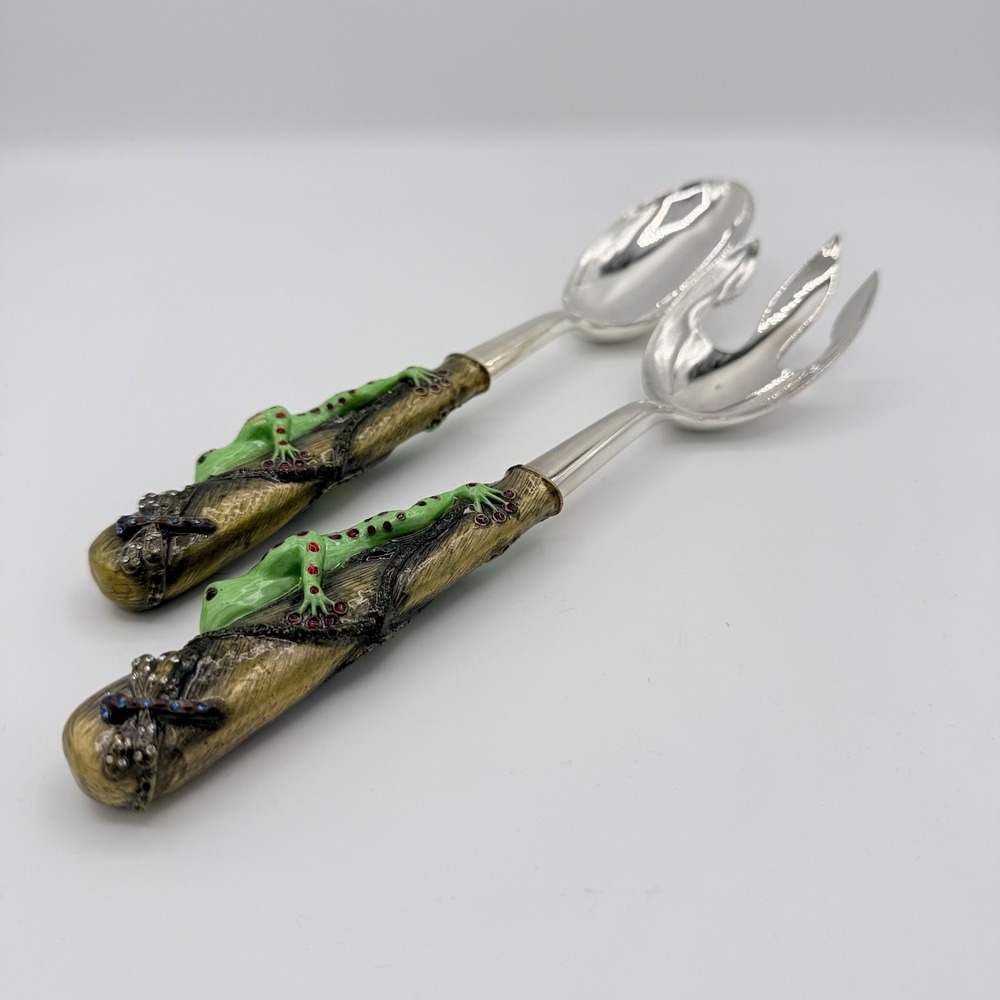 Vintage Frog & Dragonfly Salad Serving Set Resin Handles Silver Tone 11" - Picture 2 of 9